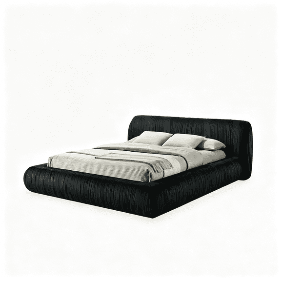 JERFIT Modern Upholstered Platform Bed King Size with Pleated Fabric Headboard, Black