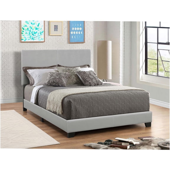 JERFIT Modern Upholstered Queen Bed Frame with Panel Headboard, Low Profile Platform Bed, Faux Leather, Grey