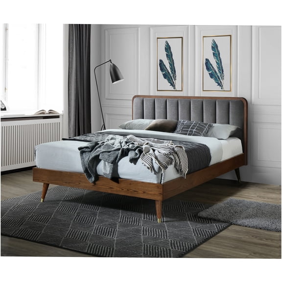 JERFIT Modern Upholstered Queen Bed Frame with Storage Headboard, Wood Platform Bed, Mid-Century Design, No Box Spring Needed, Grey Walnut