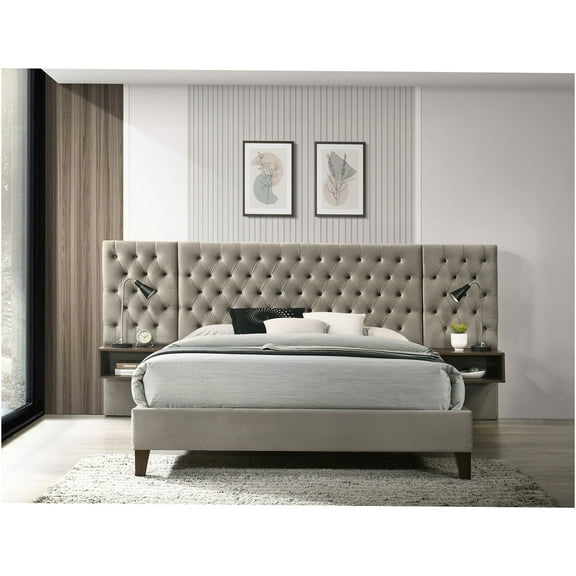 JERFIT Modern Upholstered Queen Bed with Button Tufted Headboard, Floating Nightstands, Light Brown Fabric Panel Platform Bed for Bedroom