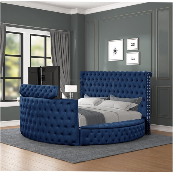 JERFIT Modern Upholstered Queen Bed with Crystal Tufted Headboard, USB Chargers, Storage, Blue Velvet