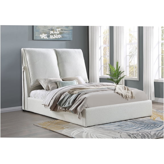 JERFIT Modern Upholstered Queen Size Bed with Soft Boucle Fabric Headboard, Low Profile Platform Bed Frame, White Bedroom Furniture