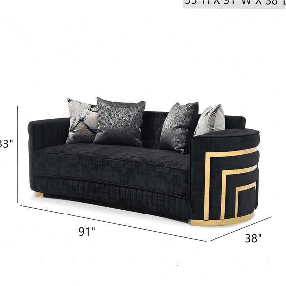 JERFIT Modern Upholstered Sofa Couch for Living Room, 3-Seater with Gold Chrome Legs and Pillows, Black