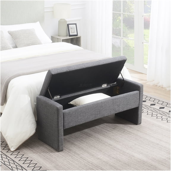 JERFIT Modern Upholstered Storage Bench Ottoman for End of Bed, Foot Rest Stool with Hidden Compartment, Linen Fabric Dark Grey