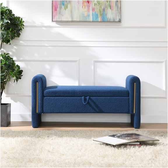 JERFIT Modern Upholstered Storage Bench with Arms, Plush Teddy Fabric Footrest Ottoman Stool for Bedroom Living Room Entryway, Navy Blue