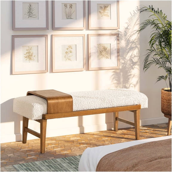 JERFIT Modern Upholstered Telephone Bench with Sliding Shelf, Ivory White Boucle Fabric Entryway Seating for Hallway, Bedroom, Living Room
