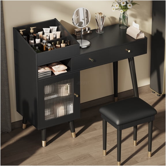 JERFIT Modern Vanity Desk Set with Charging Station, Makeup Dressing Table with Stool, Drawers & Glass Door Cabinet, Compact for Bedroom, Black