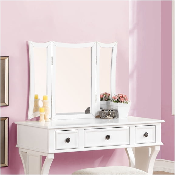 JERFIT Modern Vanity Table Set with Stool, 3-Panel Mirror & Drawers, White Bedroom Makeup Dressing Table Furniture