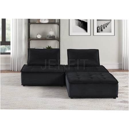 JERFIT Modern Velvet 3-Piece Sectional Sofa Set with Ottoman, Plush Upholstered Convertible Living Room Couch, Black