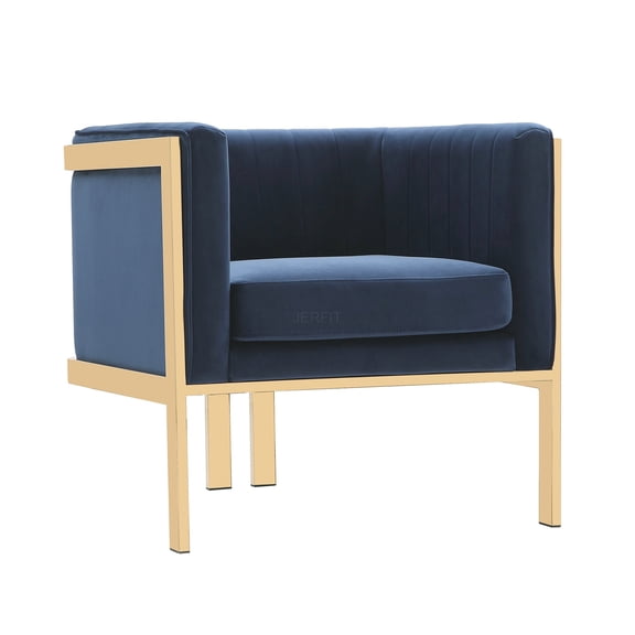 JERFIT Modern Velvet Accent Armchair with Brass Finish, Dark Blue Lounge Chair for Living Room, No Assembly Required