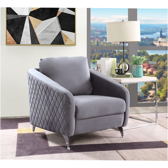 JERFIT Modern Velvet Accent Chair with Diamond Tufting, Gray Upholstered Armchair for Living Room