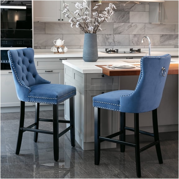 JERFIT Modern Velvet Bar Stools Set of 2, Button Tufted Backrest with Chrome Nailhead Trim and Solid Wood Legs, Comfortable Counter Height Seating for Kitchen Island, Home Bar, Blue