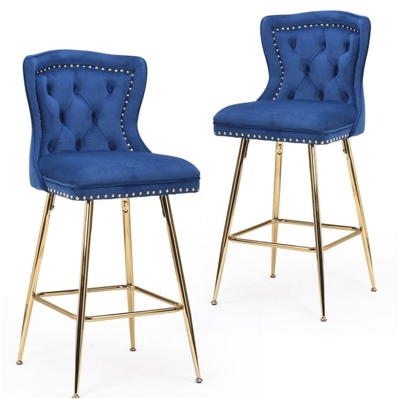JERFIT Modern Velvet Bar Stools Set of 2, Wingback Counter Height Swivel Stools with Gold Metal Legs, Button Tufted Upholstered Bar Chairs for Kitchen Island, Dining Room, Blue