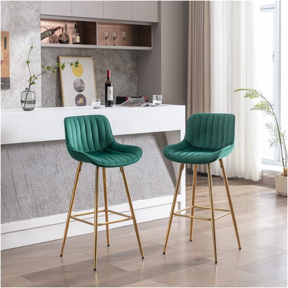 JERFIT Modern Velvet Bar Stools Set of 2, Green Counter Height Stools with Chrome Footrest and Padded Seat for Kitchen Island, Dining, Living Room