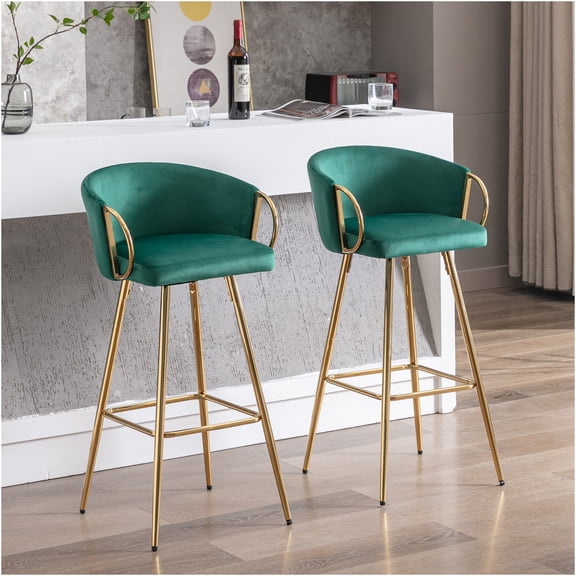 JERFIT Modern Velvet Bar Stools Set of 2 with Chrome Base and Footrest, Green Counter Height Swivel Stools for Kitchen Island, Dining, Living Room