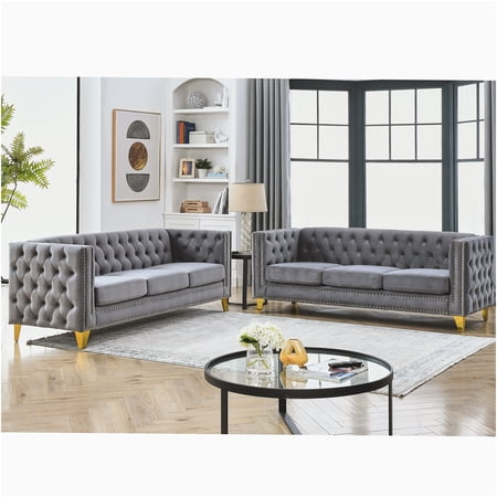 JERFIT Modern Velvet Chesterfield Sofa, 3-Seater Tufted Couch with Nailhead Trim and Metal Legs for Living Room, Bedroom, Office, Gray
