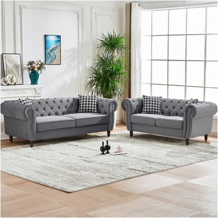 JERFIT Modern Velvet Chesterfield Sofa Set with Nailhead Trim, 3+2 Seater Upholstered Couch for Living Room, Office, Apartment, Gray