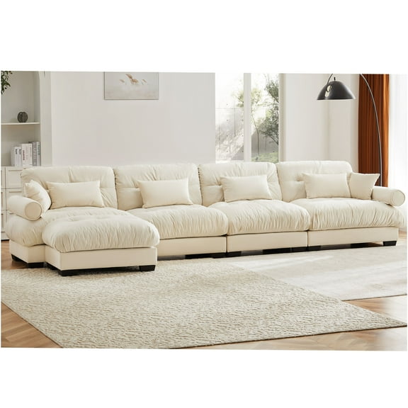 JERFIT Modern Velvet Convertible Sectional Sofa, 4-Seater L-Shaped Cloud Couch with Pillows for Living Room, Cream