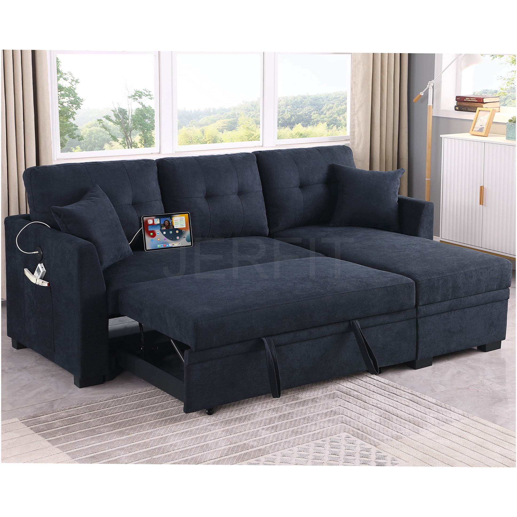JERFIT Modern Velvet Convertible Sectional Sofa Bed with USB Charging ...