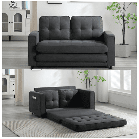 JERFIT Modern Velvet Convertible Sofa Bed 3-in-1 Sleeper Futon with Storage Pockets for Small Space, Dark Gray