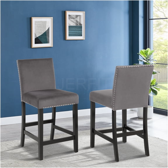 JERFIT Modern Velvet Counter Stools with Nailhead Trim, Set of 2, Soft Gray Upholstery, Espresso Wood Legs, Parsons Design for Kitchen Island, Dining & Bar