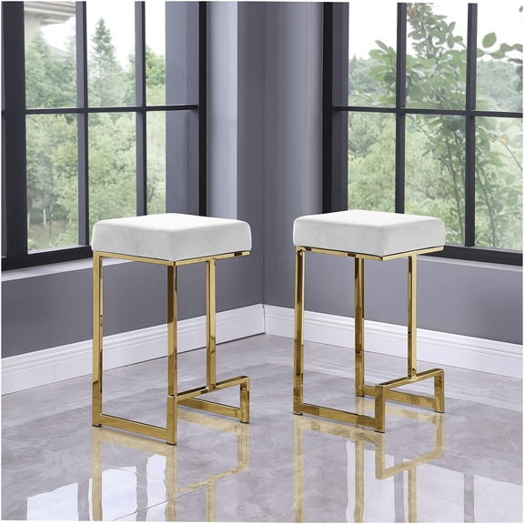 JERFIT Modern Velvet Counter Stools Set of 2, Brushed Gold Metal Frame Backless Bar Stools for Kitchen Island, Boho Mid-Century Contemporary Stool