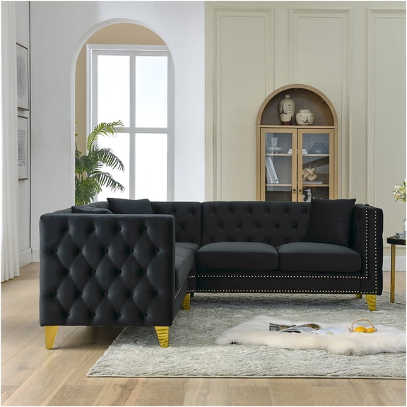 JERFIT Modern Velvet L-Shaped Sectional Sofa Couch with Nailhead Trim, 5-Seater Chaise Lounge for Living Room, Apartment, Office, Black