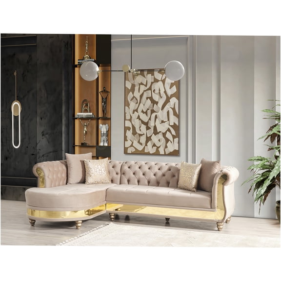 JERFIT Modern Velvet L-Shaped Sectional Sofa with Gold Trim, Tufted Back and Accent Pillows, Taupe Upholstered Couch for Living Room