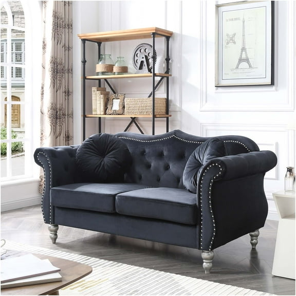 JERFIT Modern Velvet Loveseat Sofa for Small Spaces, Black Small Couch with Flared Arms and Soft Foam Cushioning, Transitional Accent Chair for Living Room, Apartment, Dorm