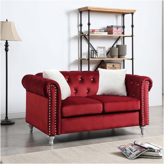 JERFIT Modern Velvet Loveseat Sofa for Living Room, Small Couch with Round Arms, Plush Foam Cushion, Burgundy Upholstered 2-Seater
