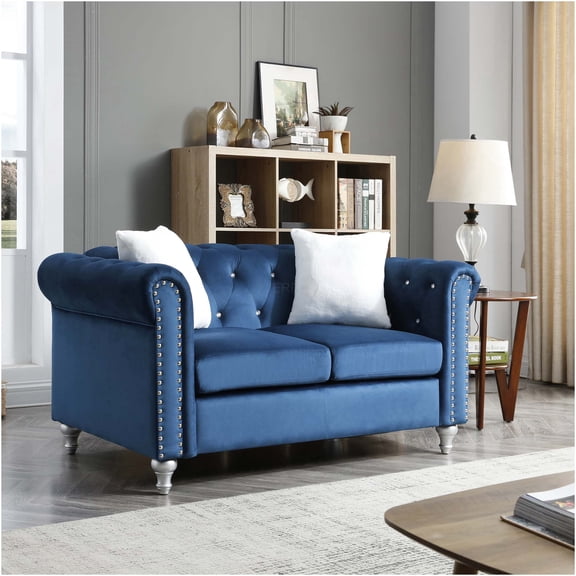 JERFIT Modern Velvet Loveseat Sofa for Small Space, Navy Blue Two-Seater Couch with Round Arms, Foam Filled Comfort for Living Room, Apartment, Dorm