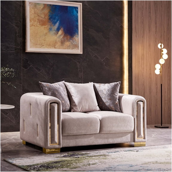 JERFIT Modern Velvet Loveseat Sofa with Gold Trim, Upholstered Small Couch for Living Room, Beige