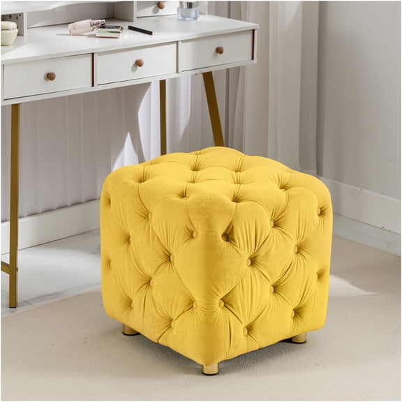 JERFIT Modern Velvet Ottoman Cube, Yellow Accent Footstool with Storage, Small Upholstered Seat Stool for Living Room, Bedroom, Entryway