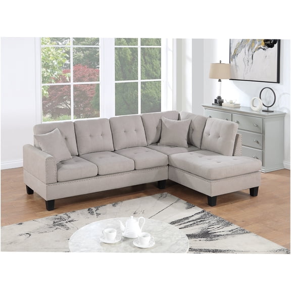 JERFIT Modern Velvet Sectional Sofa with Chaise, Tufted Back and Nailhead Trim, Plush Fabric Couch for Living Room, Mushroom