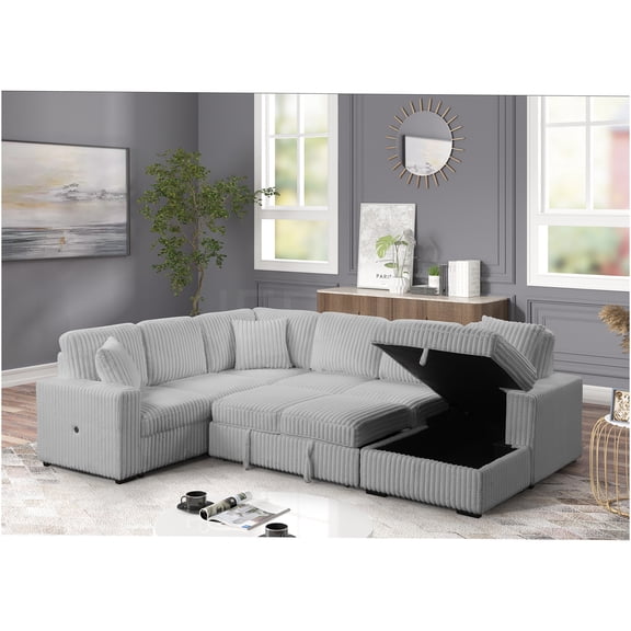 JERFIT Modern Velvet Sectional Sofa with Pull Out Sleeper Bed, USB-C Charging, Hidden Storage Chaise, Gray Convertible Couch for Living Room