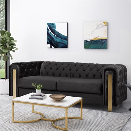 JERFIT Modern Velvet Sofa 3 Seater with Gold Metal Legs, Button Tufted Back, Tuxedo Arms for Living Room, Black