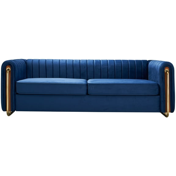 JERFIT Modern Velvet Sofa 84" Blue Channel Tufted Couch with Gold Legs for Living Room