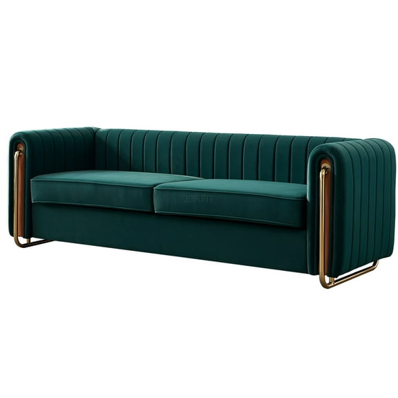 JERFIT Modern Velvet Sofa 84" Green Couch with Gold Legs for Living Room, Channel Tufted Upholstery Comfort