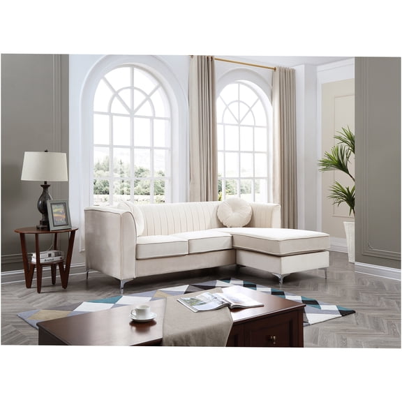 JERFIT Modern Velvet Sofa Chaise with Pillows, Ivory Upholstered Living Room Couch with Chrome Legs, 3-Seat Convertible Sectional Sleeper Furniture