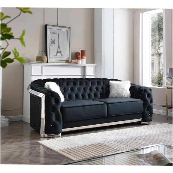 JERFIT Modern Velvet Sofa with LED Lights and Chrome Trim, 3-Seater Tufted Couch with Faux Fur Pillows for Living Room, Black