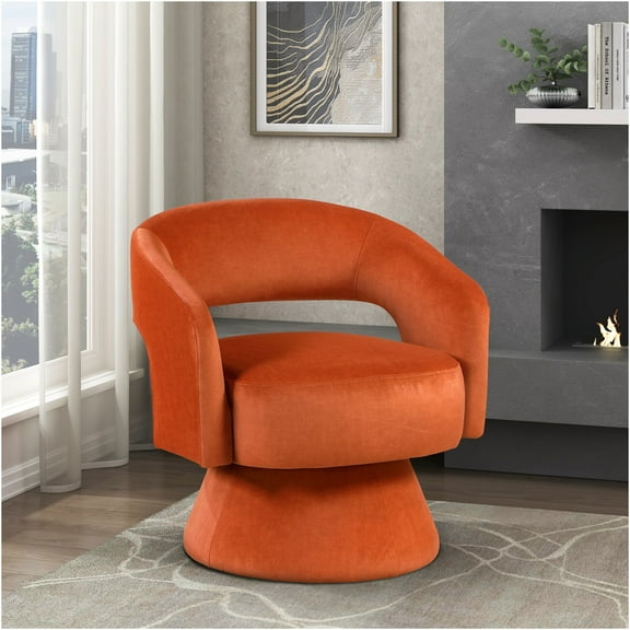 JERFIT Modern Velvet Swivel Accent Chair for Living Room, Orange Upholstered Lounge Chair with 360 Rotation and Solid Wood Base
