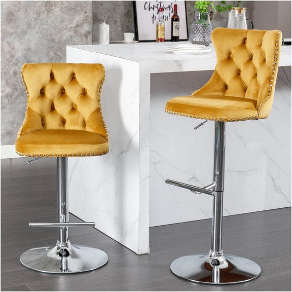 JERFIT Modern Velvet Swivel Bar Stools with Backs, Adjustable Height Upholstered Counter Stools for Kitchen Island, Pub, Gold Set of 2