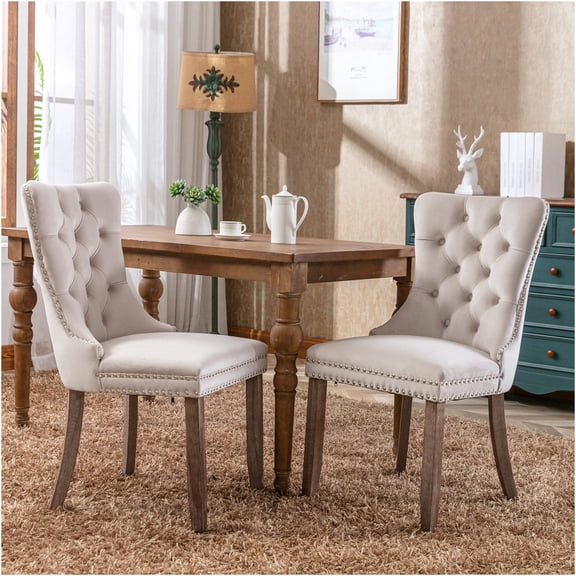 JERFIT Modern Velvet Upholstered Dining Chairs Set of 2, Mid-Century Tufted Accent Chairs with Nailhead Trim and Solid Wood Legs for Kitchen, Dining Room, Beige