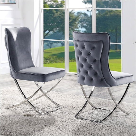 JERFIT Modern Velvet Upholstered Dining Chairs Set of 2, Gray Button Tufted Side Chairs with Chrome Metal Legs for Kitchen or Dining Room