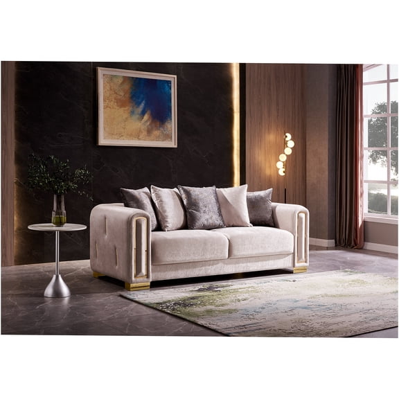 JERFIT Modern Velvet Upholstered Sofa with Gold Legs, 3-Seater Couch for Living Room, Beige Contemporary Furniture