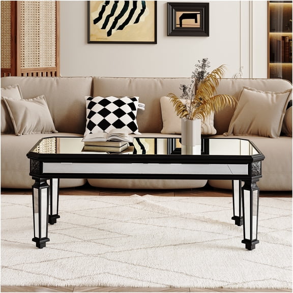 JERFIT Modern Vintage Mirrored Coffee Table, Black and Silver Glass Top with Carved Wood Base, Rectangle Center Table for Living Room Office