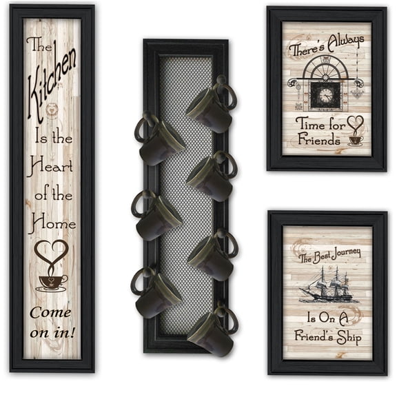 JERFIT Modern Wall Art Set: 4-Piece Framed Floral Print with Mug Rack, Multicolor Paper Artwork for Kitchen & Living Room Decor