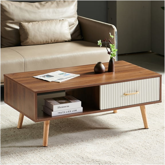 JERFIT Modern Walnut Coffee Table with Storage Drawer, Solid Wood Legs, 40.94" Rectangle MDF Console Table for Living Room, Easy Assembly