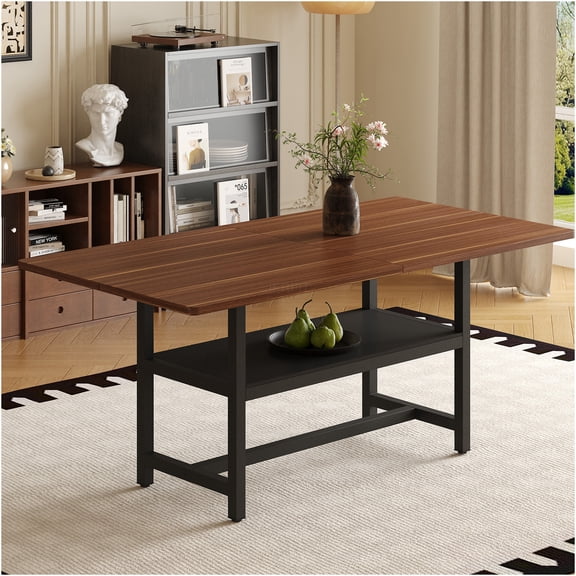 JERFIT Modern Walnut Dining Table with Storage Shelf, Industrial Farmhouse Kitchen Table, Black Metal Legs, Easy Assembly