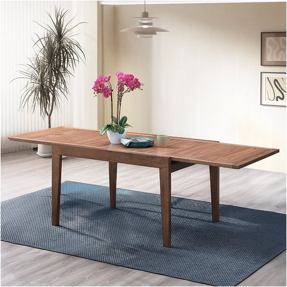 JERFIT Modern Walnut Extendable Dining Table for 6-8, Rectangular Expandable Wood Table with Self-Storing Leaf, Contemporary Kitchen & Dining Room Furniture